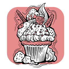 Sweet tasty dessert cupcake with cream and deco for morning breakfast in café or restaurant. Mini birthday cake for pleasure. Hand drawn colorful retro vintage illustration. Old style drawing.