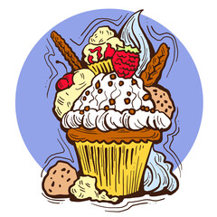 Sweet tasty dessert cupcake with cream and deco for morning breakfast in café or restaurant. Mini birthday cake for pleasure. Hand drawn colorful retro vintage illustration. Old style drawing.