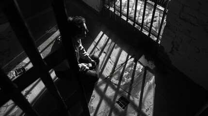A reflective moment captured as a prisoner stares out from behind the bars of his cell, sunlight casting shadows on the floor
