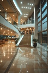 Staircase in a modern hotel lobby with glass windows
