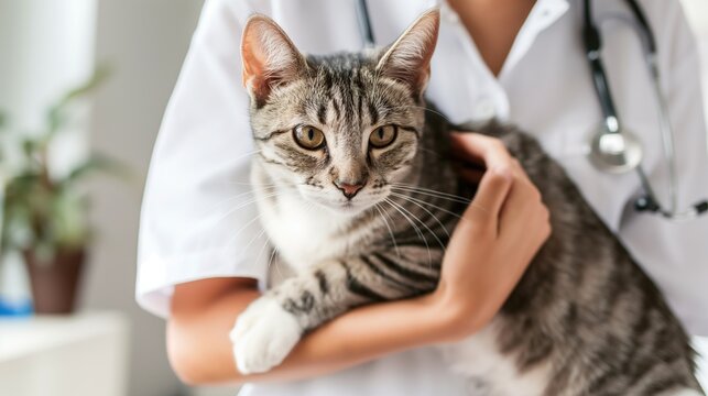 Animal's Doctor Veterinarian holds cat. Conducts a medical examination, first aid and appointment in a veterinary clinic. Veterinery consultation check-up, vet care and help