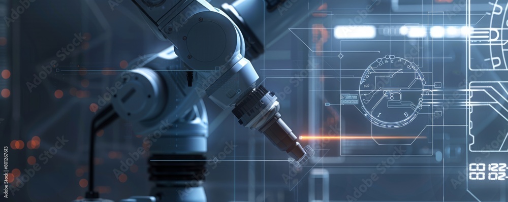 Poster advanced robotic arm engaged in precision calibration with digital overlay