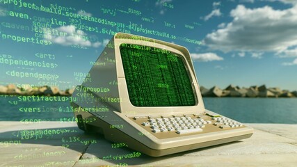 computer on a beach with data and code on screen - 801267611