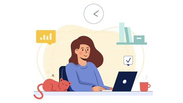 Freelancer girl working remotely at home at her laptop, cat sleeping on the table. 2D animation in flat art style