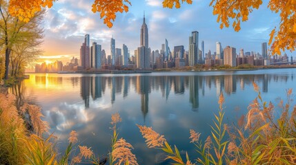 New York City skyline in autumn - obrazy, fototapety, plakaty