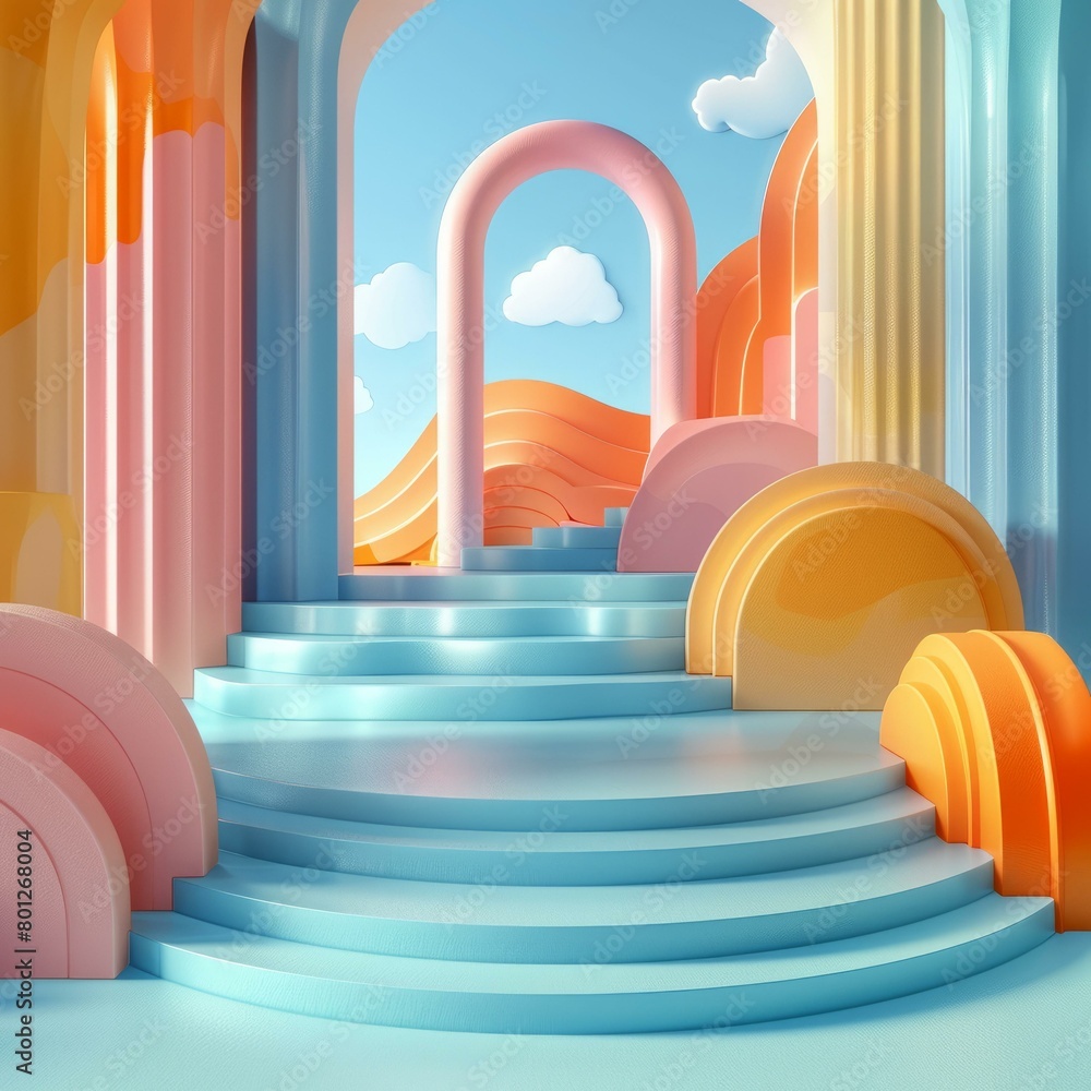 Poster 3D rendering of a surreal colorful staircase with clouds