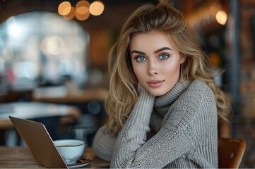 Stunning high-resolution photographs of a stylish young woman sitting in a cafe with a laptop and coffee convey emotion. Business