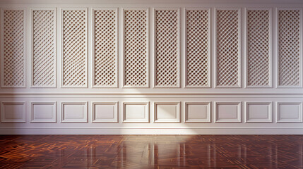 Timeless elegance captured in a room with lattice-patterned ivory wall beadboard wainscot against a rich mahogany wooden floor.