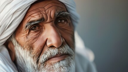 An old man with a long white beard and a white turban on his head is looking at the camera. - Powered by Adobe