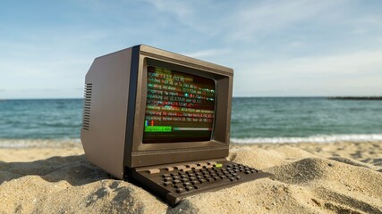computer on a beach with data and code on screen - 801268073