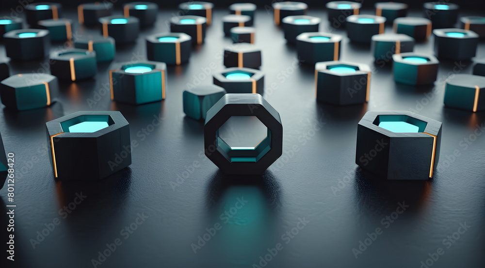 Poster a collection of blue and black cubes arranged in a pattern. the cubes are all different sizes and sh