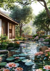 A beautiful Chinese style courtyard with a pond and a garden