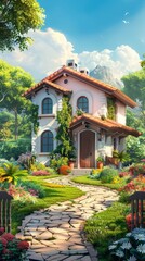 Obraz premium Small cottage house with beautiful garden