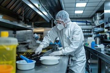 A pest control specialist in full protective gear uses equipment to treat a commercial kitchen, ensuring safety and hygiene.