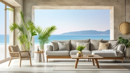 Fototapeta premium Modern coastal living room interior with large windows and ocean view