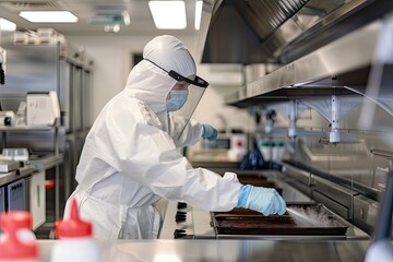 A pest control specialist in full protective gear uses equipment to treat a commercial kitchen, ensuring safety and hygiene.