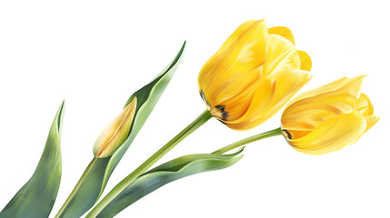 A beautiful yellow tulip flower blossom in the glass house garden with warm light,Beautiful spring tulip on white background, top view,Studio shot of tulips isolated on white background
