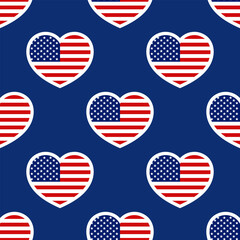 American vector seamless pattern. Hearts with USA flag on blue background. Best for textile, festive decorations, wallpapers, wrapping paper and web design.