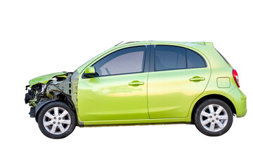 Car crash, Side view of modern green eco car get damaged by accident on the road. damaged cars...