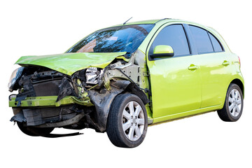 Car crash, Front and side of modern green eco car get damaged by accident on the road. damaged cars...