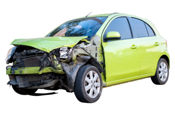 Car crash, Front and side of modern green eco car get damaged by accident on the road. damaged cars after collision. isolated on transparent background, PNG File
