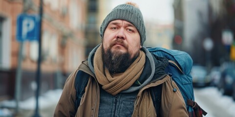 Homeless Man With Backpack Walking on a Snowy City Street in Winter