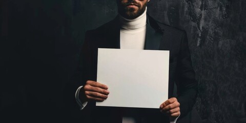 Sophisticated Man in Elegant Attire Holding a Blank White Sign Against a Dark Background