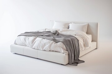 Fototapeta na wymiar Modern White Bed With Soft Linens and Grey Throw Blanket in Minimalist Setting