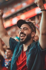 Jubilant Sports Fan Celebrating Victory at a Stadium Event During Evening