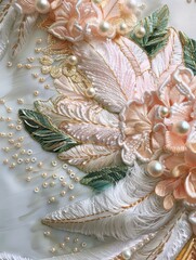 Realistic Embroidery with Light Pink and Gold Silk Threads, Green Leaves, and Pearls on Feathers, Exquisite Needlework