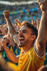 Jubilant Sports Fan Celebrating Victory at a Stadium Event During Evening