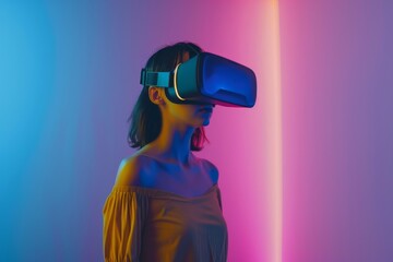 Woman Experiencing Virtual Reality in a Neon-Lit Room