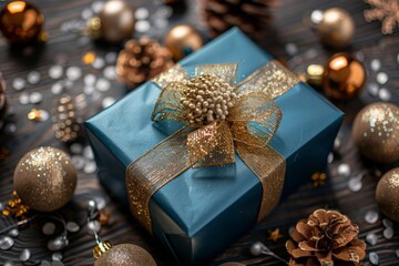 Festive Holiday Celebration With Elegant Blue Wrapped Gift and Shimmering Decorations