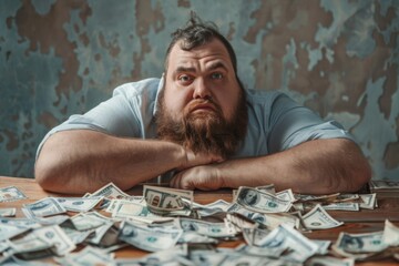 Man With Beard Surrounded by Money at a Wooden Table in a Dimly Lit Room