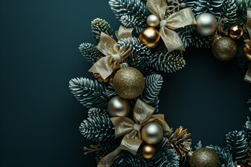 Elegant Christmas Wreath Adorned With Golden Baubles and Ribbons Against Dark Background