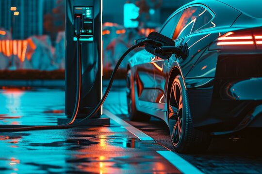 New eco transport technologies. Close-up of an electric car charging a battery at a station

