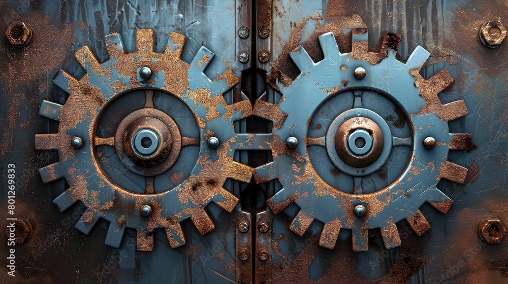 Aufkleber rusty gears transforming into sleek machinery conveying efficiency and progress in business