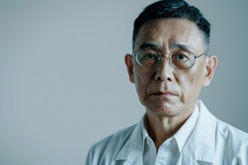 Mature Male Doctor With Glasses Stands Against a Neutral Background During the Daytime