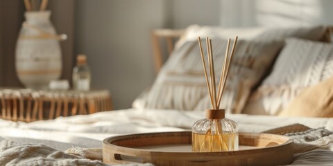 Serene Bedroom Setting With Aromatic Reed Diffuser on a Tranquil Morning