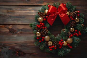 Festive Christmas Wreath With Red Bow Adorning a Dark Wooden Background