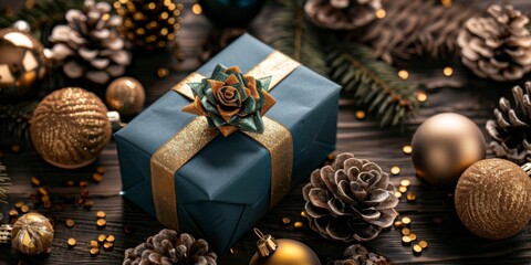 Festive Holiday Celebration With Elegant Blue Wrapped Gift and Shimmering Decorations