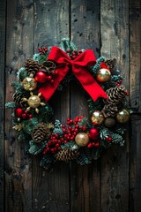 Festive Christmas Wreath With Red Bow Adorning a Dark Wooden Background