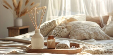 Serene Bedroom Setting With Aromatic Reed Diffuser on a Tranquil Morning