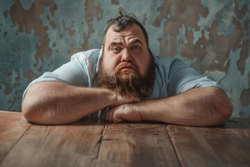 Solemn Man Resting on Wooden Table Against Weathered Wall Background