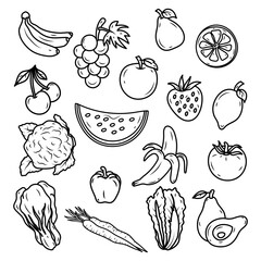 set fruits and vegetables line art style isolated on white background