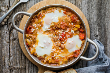 Shakshuka with eggs tomato and parsley in a cast iron pan.