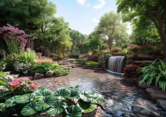 A beautiful garden with a waterfall and a pond surrounded by lush greenery and colorful flowers
