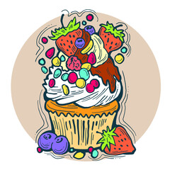 Sweet tasty dessert cupcake with cream and deco for morning breakfast in café or restaurant. Mini birthday cake for pleasure. Hand drawn colorful retro vintage illustration. Old style drawing.