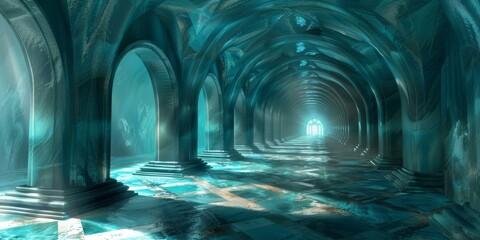 Naklejka premium fantasy blue green marble temple hallway perspective