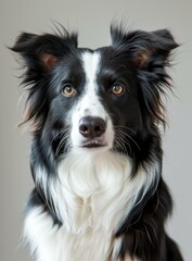 A Border Collie stares at the camera with its ears perked up